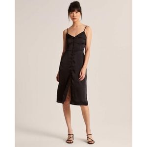 Abercrombie + Fitch Black Satin Button Midi Dress